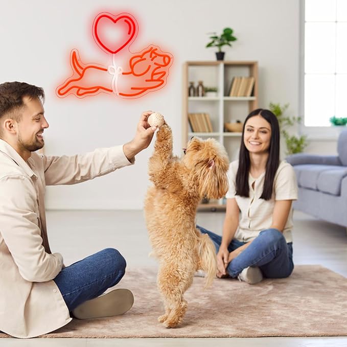 Dachshund Heart-Shaped Balloon Neon Sign Cute Puppy with Red Balloon Neon Light Adorable Dog Light Up Sign for Wall Decor Pet Store Pub Bedroom Party