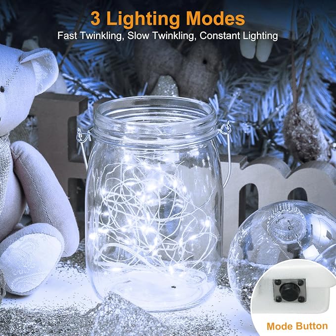 btfarm 24 Pack Fairy Lights Battery Operated Twinkle Lights with 3 Modes | 7Ft 20 Led String Light, Waterproof Bulk Small Mini Silver Wire for Christmas Mason Jars Wedding Table Centerpiece,Cool White