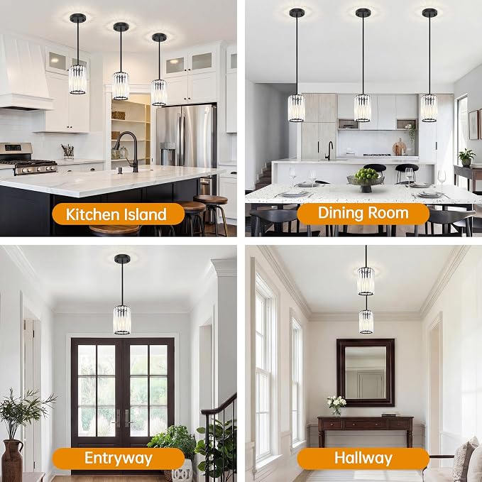 Black Pendant Light, Modern Crystal Pendant Lights Kitchen Island, Kitchen Island Lighting with Adjustable Height, UL Certified Island Lights for Kitchen Dining Room Bedroom Hallway 3 Pack