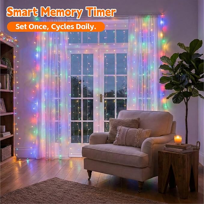 Curtain String Light, 200LED 6.6x6.6ft, Remote & 8 Modes, USB | Window Wall Hanging String Lights, For Bedroom, Wedding, Party, Home, Garden and Indoor Decorations, Multicolor