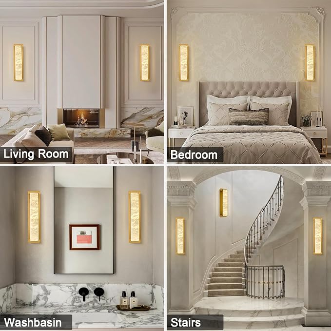 19.7" Brass Wall Sconces, Natural Alabaster Wall Sconce, Gold Marble Sconces Wall Lighting, Large Rectangular Bedside Lamp Perfect for Living Room, Dining Room,Stairs, Hallway, Bedroom