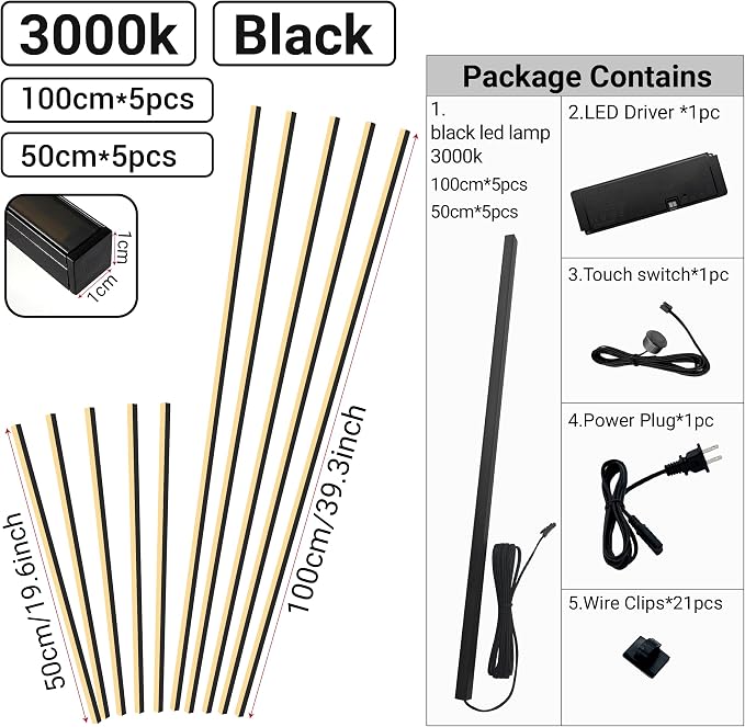 HAMRVL Black Wall Panel Lights - 10pcs 3000K Warm White Slat Wall Lights with Touch Control, Dimmable Self-Adhesive LED Recessed Lighting for Wood Slat Wall Panel, Media Wall, Bedroom, Living Room