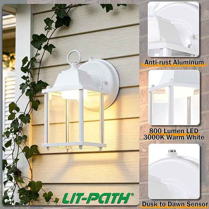 Outdoor Wall Light Fixture Dusk to Dawn, Rustproof Aluminum, LED | Exterior Porch Light Wall Sconce Lantern for House, Patio, Garage, Waterproof, Glass, 9.5W 800 Lumen, 3000K, White, 1 Pack