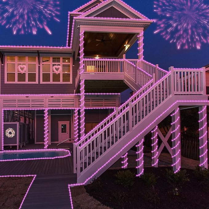 YEGUO Solar Rope Lights Outdoor Waterproof, 2 Packs Each 33ft 100 LED Solar String Lights, 8 Modes Fairy Lights in Clear Thin Tube for Camping Fence Patio Garden Trampoline Deck(Pink)