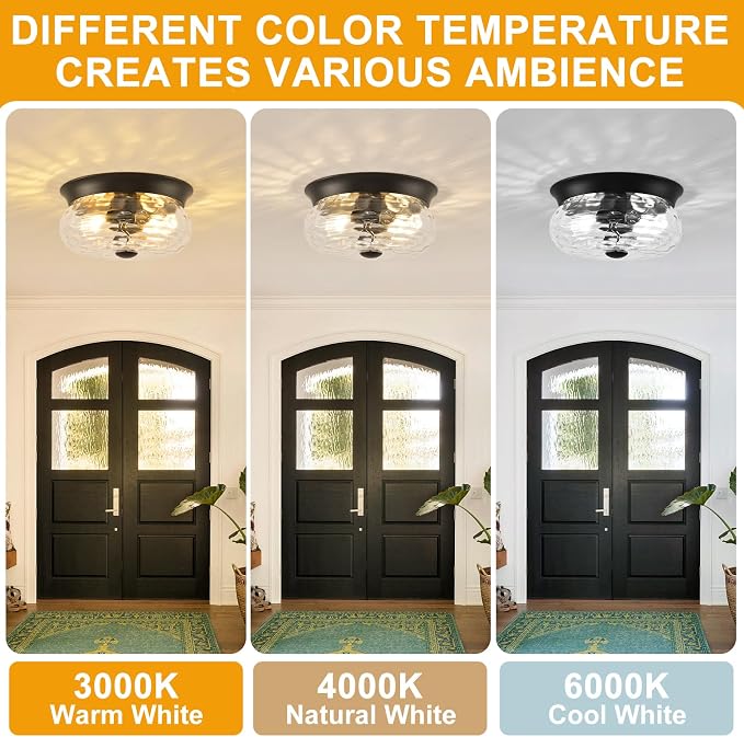Black Flush Mount Ceiling Light Fixtures, 2-Light Ceiling Mount for Modern with Clear Hammered Glass Shade, Industrial Flush Mount Light Fixture Farmhouse for Hallway Kitchen Bedroom Entryway Foyer