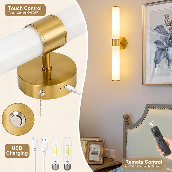 Morauroral Gold Battery Operated Wall Sconces Set of 2, Rechargeable Wall Lights with Remote Control, 20 Inch Modern Wireless Wall Lamp for Bedroom, Living Room (Bulbs Included)