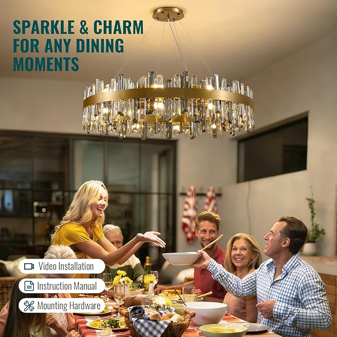 Siljoy Modern Crystal Chandelier 20 Lights Large Brushed Brass Gold Round Raindrop Chandelier Luxury 2-Tier K9 Crystal Pendant Ceiling Light for Dining Living Room Kitchen Foyer D39.4''