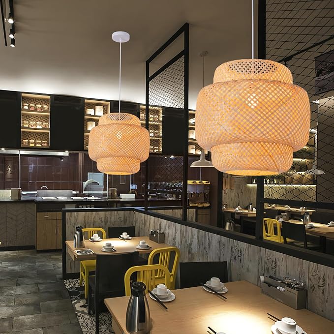 Bamboo Pendant Light,15.8" Rattan Chadelier | 15.75" Boho Bamboo Hanging Light,Hand Woven Rattan Chandelier for Kitchen Island Dining Bedroom Living Room Restaurant