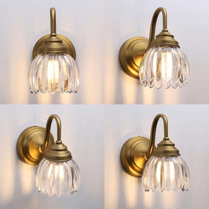 Phansthy Vintage Brass Boho Wall Sconces, Hardwired Wall Lights with Tulip Glass Lampshade, Brass Vanity Lamp Modern Wall Lighting Fixtures for Bedroom, Living Room, Hallway (Antique + Clear Shade)