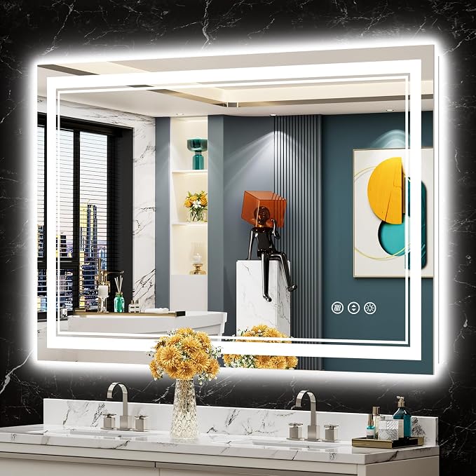48x32 LED Bathroom Mirror, Backlit & Front Lit Lighted Mirror | Anti-Fog Vanity Mirror with Lights, 3 Color Dimmable, Memory, HD Tempered Glass, CRI95, IP54, UL Listed, Horizontal/Vertical