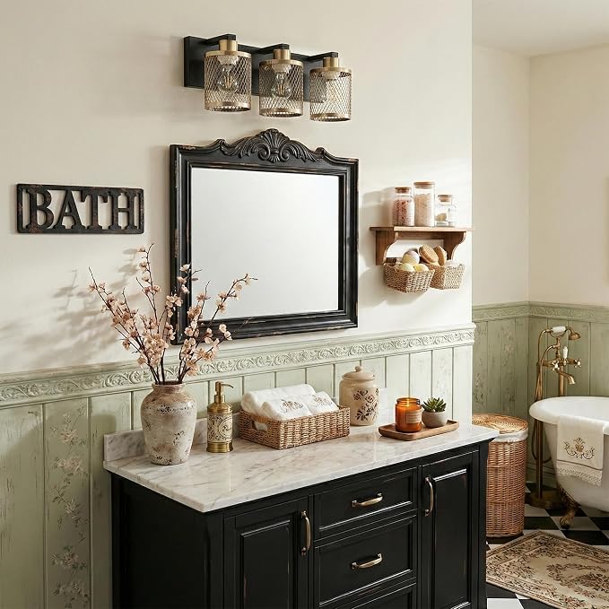Bathroom Light Fixtures Black and Gold Vanity Lights 3 Lights Farmhouse Bathroom Vanity Light Vintage Design Wall Sconces Lighting for Mirror Attic Corridor Cellar Wall Lamps