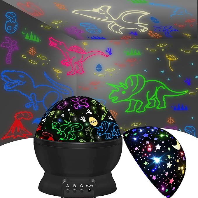 Night Light for Kids, 2-in-1 Dinosaur & Starry Sky Kids Night Projector, 360° Rotating Silent Star Night Light with USB Cable, Color Changing Toddler Room Decor, Gifts for 3-8 Year Old Girls Boys