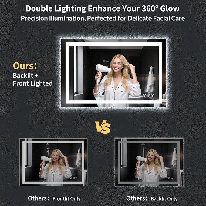 30"x48" LED Bathroom Mirror with Lights, Backlit+Frontlit, Anti-Fog | CRI 95, Stepless Dimmable, 3 Colors Lighting, Shatterproof Tempered Glass, HD Reflection, Memory, (Horizontal/Vertical)