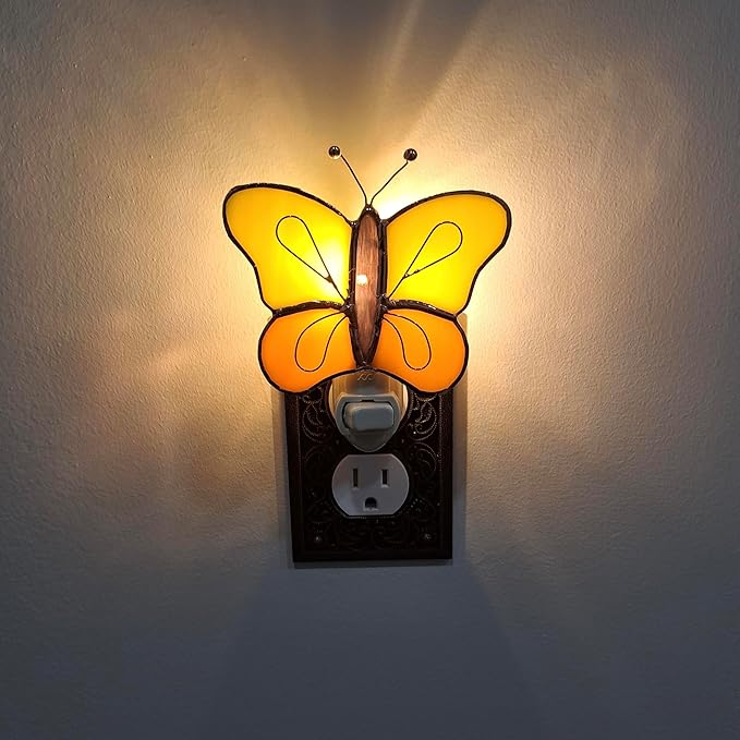 Gift Essentials Yellow and Orange Butterfly Plug in Night Light - Stained Glass Nightlight with On/Off Rocker Switch - Includes One 4 Watt Replaceable Incandescent Warm Glow Bulb