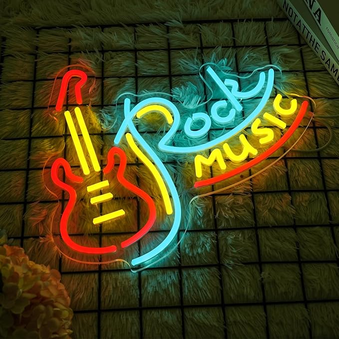 Rock Music Neon Sign for Wall Decor Dimmable Neon Light Signs Guitar Shape LED Neon Signs for Bar Rock Music Fans Game Room