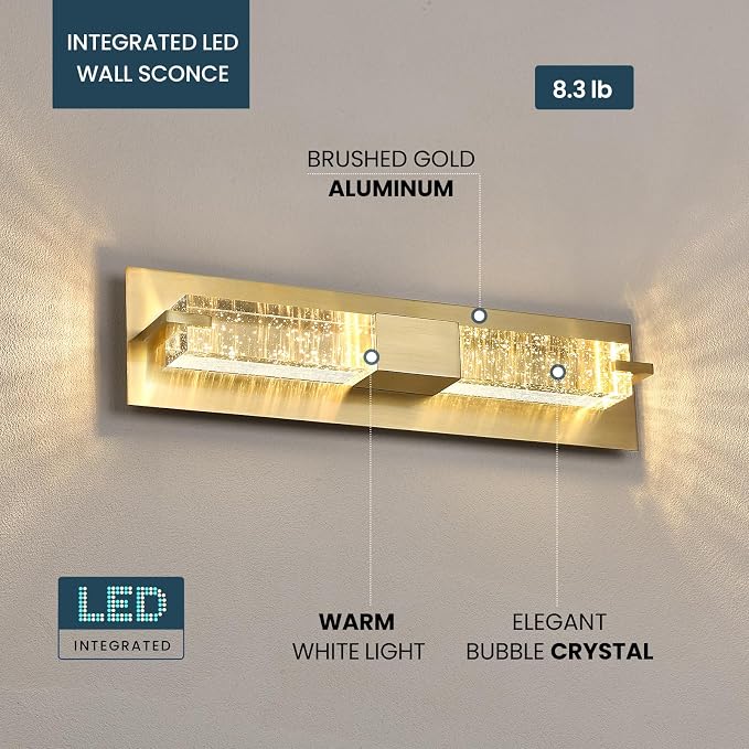 WOSHITU LED Wall Sconce Light: 19 Inch Gold Modern Sconces Wall Lighting 3000K Dimmable Crystal Wall Lamps Indoor Bathroom Sconce Wall Mount Light Fixtures for Living Room/Bedroom/Hallway