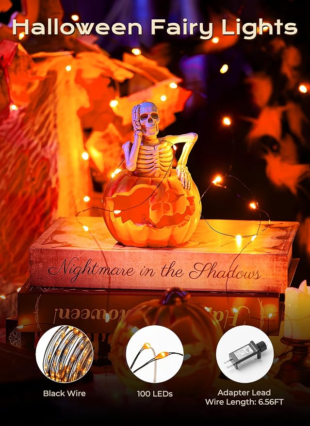 Orange Fairy Lights Plug in, Thanksgiving Fall Decorations, 33FT 100LEDs Halloween String Lights, Waterproof Black Wire Lights for Home Party Ghost Haunted House Indoor Outdoor Halloween Decorations