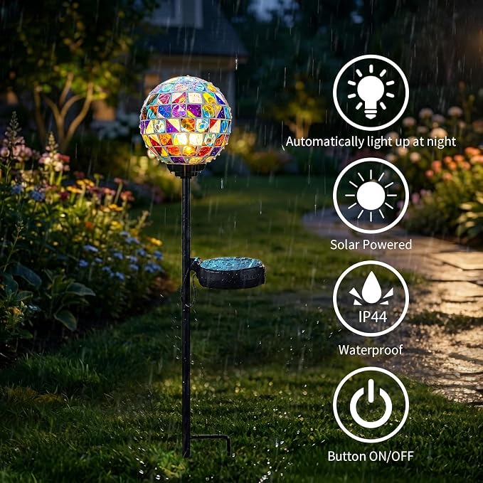 VCUTEKA Decorative Solar Garden Lights, 3.5" Mosaic Globe Outdoor Stake | Mosaic Glass Globe Design, Solar LED Light, Waterproof Design, Auto On/Off and Metal Stake Design for Lawn and Patio