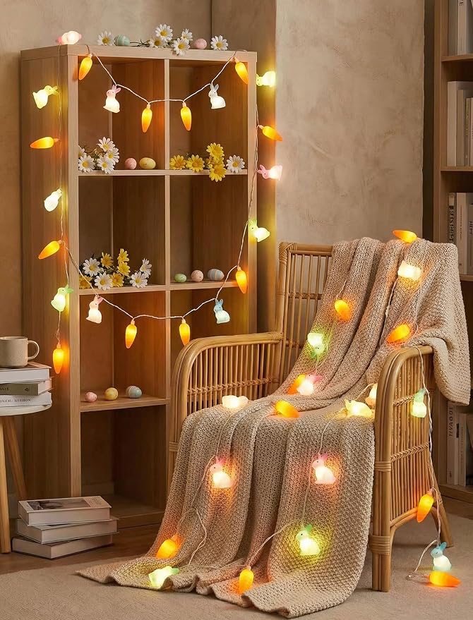 10 LED Bunny Carrot Camping String Lights, 8.5Ft Easter Decoration Outdoor | Shatterproof, Plug in Rabbit Lights Indoor, Connectable, Multicolor Fairy Lights for Party Garden Home Summer Decor for Kids