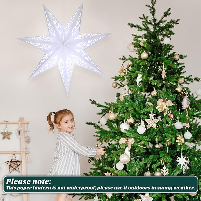 Kingdder 20 in Christmas Paper Star Lanterns Lampshade with White LED Light 7 Pointed Moroccan Hollow out Stars Hanging Party Decoration for Weddings Christmas Tree Birthday