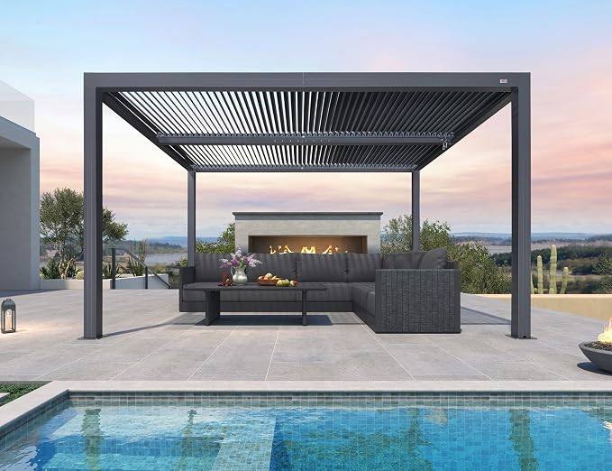 PURPLE LEAF Louvered Pergola 94AS 11' x 13' Aluminum Rainproof Gray | Built-In Rainproof Gutters Keep You Dry, Zero-Rust Aluminum Construction, Easy DIY Assembly, Multiple Size Options