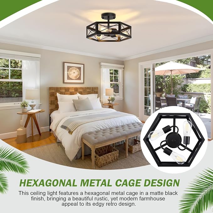 3-Light Semi Flush Mount Ceiling Light, Kitchen Lighting Fixtures Ceiling, Black Dining Room Light Fixtures, Farmhouse Close to Ceiling Lights with Hexagon Cage for Bedroom Hallway Foyer