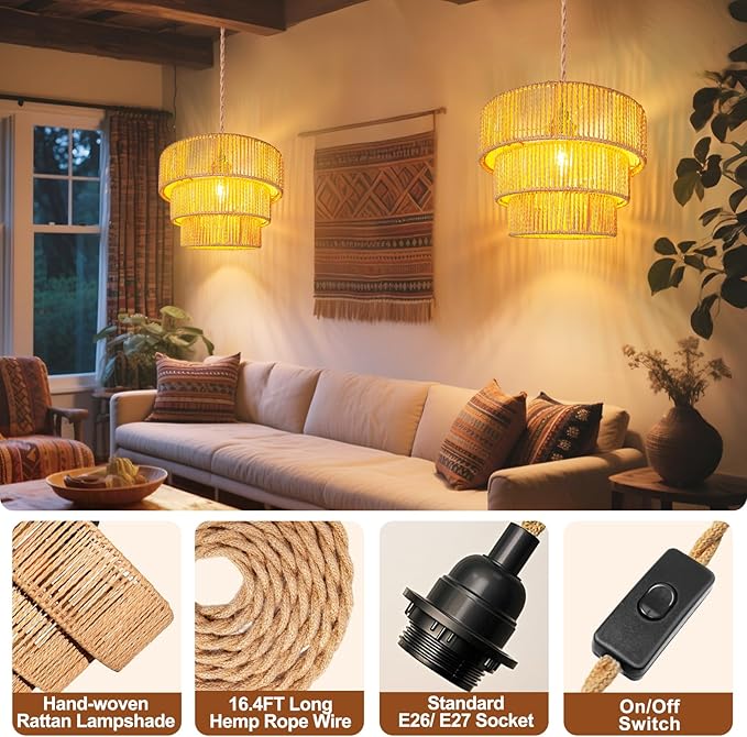 Maliralt Rattan Pendant Light Hanging Lamps - 16.4ft Plug in Cord Hanging Light Fixture Plug Into Wall Outlet Pendant Lighting with On Off Switch for Bedroom Living (3-Tier Rattan Lamp Shade)