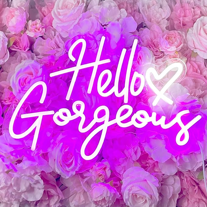 Hello Gorgeous Neon Signs for Wall Decor with Heart, Purple Gorgeous LED Sign Lights for Bedroom Dorm Home Salon Wedding Party, 16"x12" Preppy Cute Room Decor Woman Cave - 100,000H Lifespan