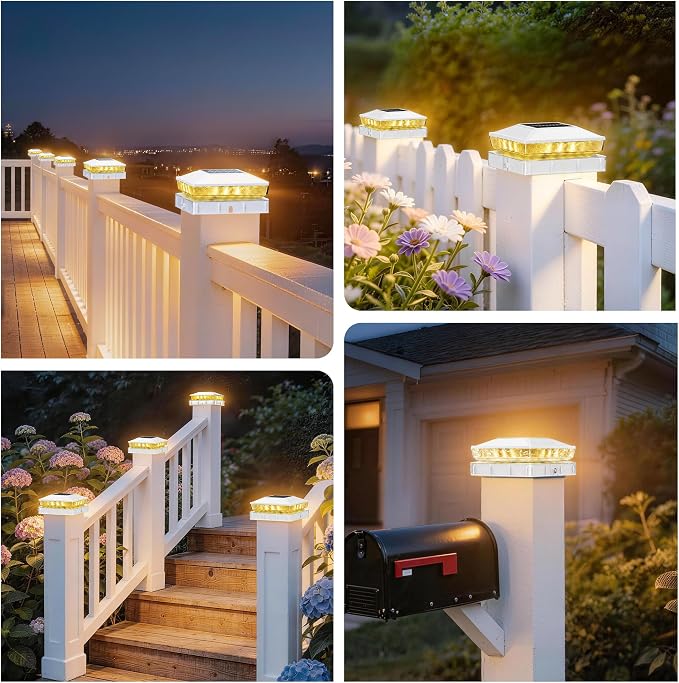 Solar Post Cap Lights 2 Pack, Post Lights for 4x4 Wood/Vinyl Posts | 3.5x3.5/4x4 Fence Post Solar Lights, IP65 Waterproof, 10-12H Upgraded Warm/Cool White Glow for Garden/Patio/Porch - White