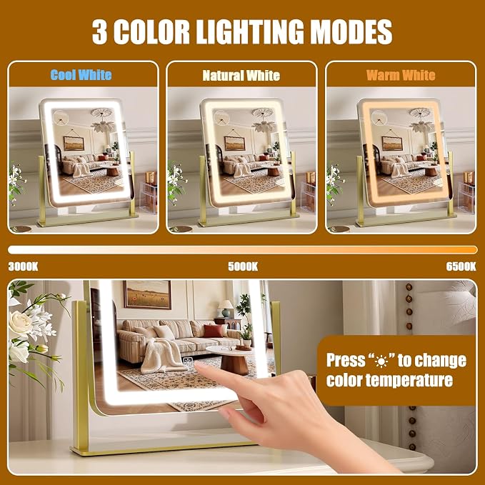 Rechargeable Vanity Mirror with Lights, 3000mAH Battery, 15"×12.2" LED Makeup Mirror, 10X Magnification, Smart Touch with 3-Color Lighting, 360° Rotation, Lighted Up for Makeup Desk, Bedroom (Gold)