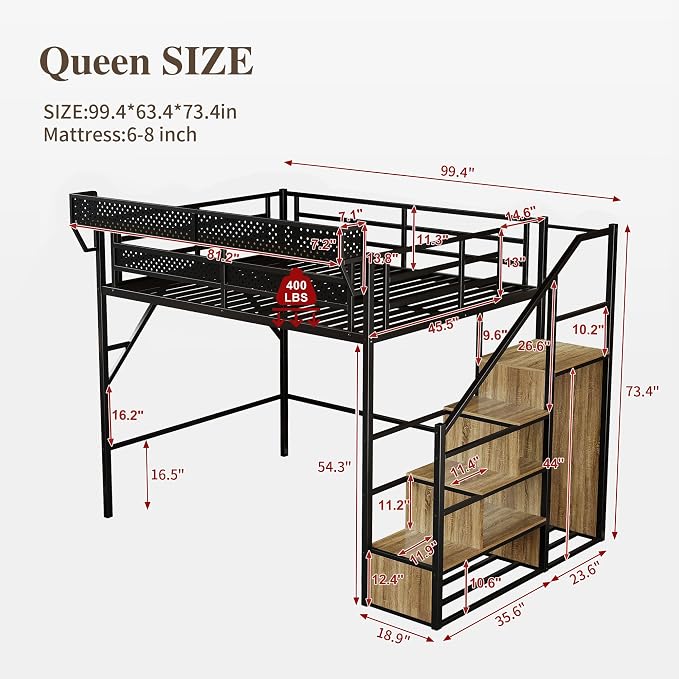 Queen Size Metal Loft Bed with Reversible Stairs and LED & USB Port | Storage Shelf, Reversible Storage Stairs with Wardrobe, LED Lights,USB Charging Port,Sturdy Noise-Free Design,Large Under Bed