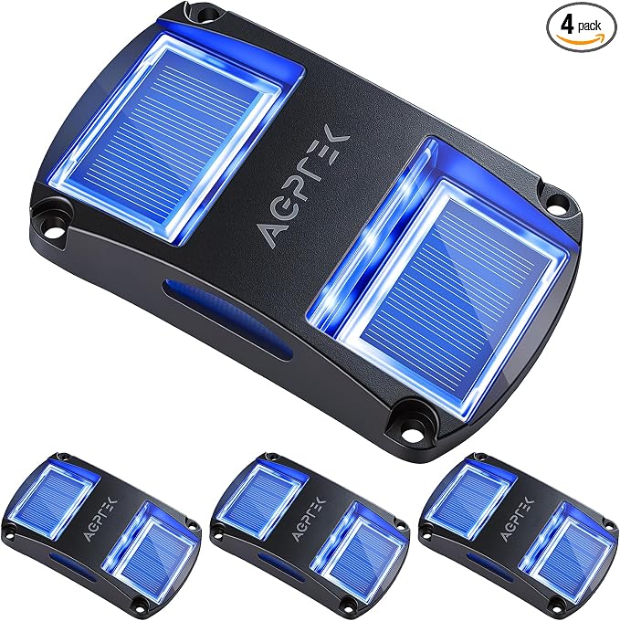 AGPTEK Solar Driveway Lights 4 Pack, Outdoor Deck Dock Marine Waterproof | LED Solar Powered Driveway Marker Lights for Warning Step, Sidewalk, Pathway, Garden, Yard (Blue Light, Black)