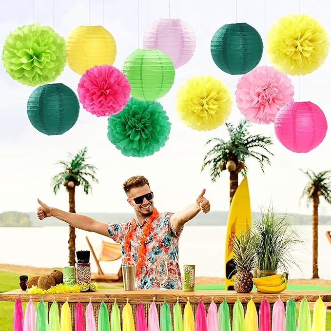 Hawaiian-Summer Pool Party-Decorations Paper-Flowers Lanterns - 15pcs Luau Tropical Beach Tissue Pom Poms Streamers,Birthday Bachelorette Wedding Baby Shower Graduation Hanging Supplies Decor Hugfond