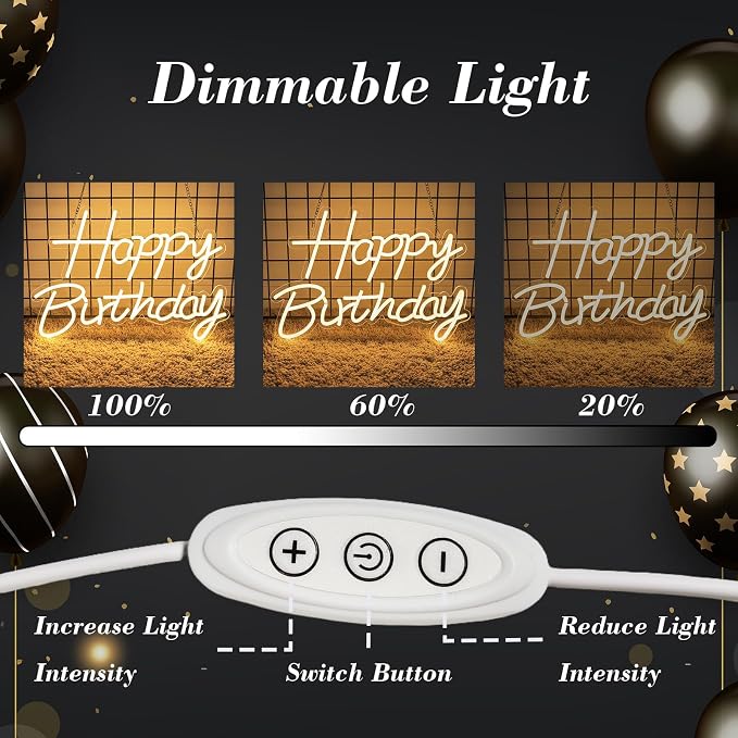 22" x 14.5" Happy Birthday Neon Sign for Backdrop, LED Happy Birthday Light Up Sign, USB Powered Dimmable Neon Light for Birthday Party Decorations, Wall Decor, Warm White