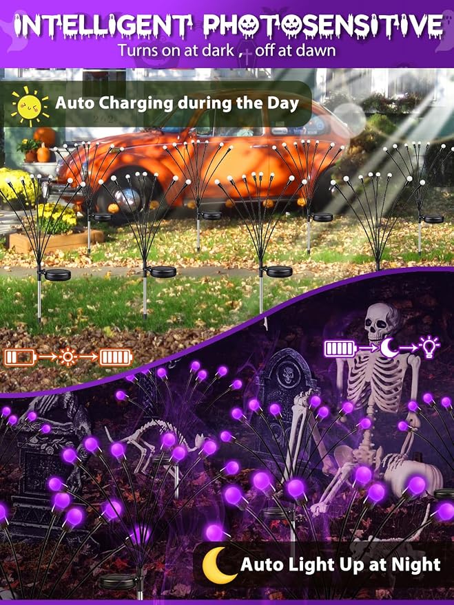 Halloween Decorations Outdoor Solar Firefly Lights 6 Pack 48 LED Purple | 2 Lighting Modes, Memory Function and Auto On/Off, Sway with Wind, Waterproof Halloween Decor for Outside Horror Party Garden