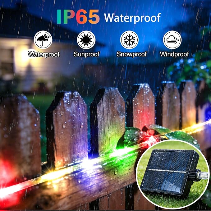 KNONEW Solar Rope Lights Outdoor 2 Packs Total 600LED 100FT Solar String Light Outside Waterproof with 8 Modes Clear Thin Tube for Pool Patio Garden Fence Camping Yard Deck Trampoline（Multicolor）