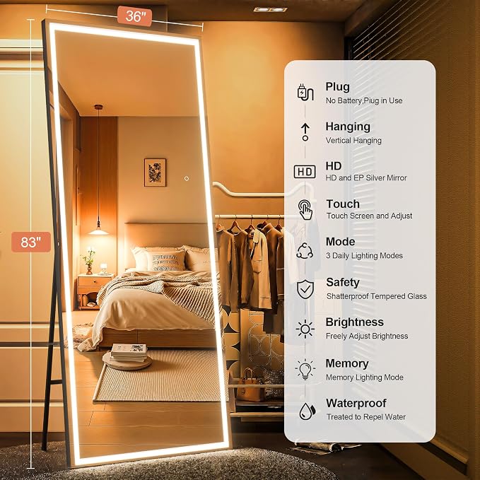 83" x 36" Full Length Mirror with Lights, Large LED Lighted Floor Standing Body Mirror, Dimmable & 3 Color Lighting for Bedroom, Cloakroom, Dressing Room, Tempered Glass, Black Frame