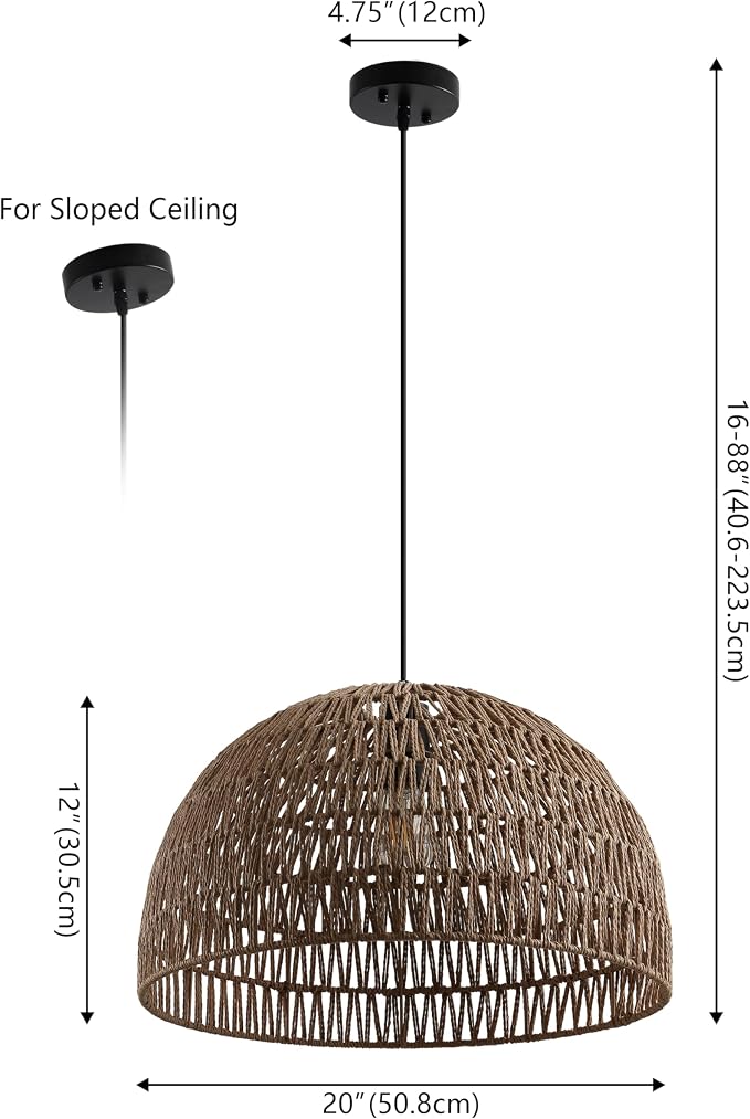 JONATHAN Y Campana 1-Light Pendant Dome Ceiling Lamp, 20", Brown | Modern Coastal Farmhouse Decor, Adjustable Height, Woven Rope Metal Frame, LED Bulb Included, UL Listed