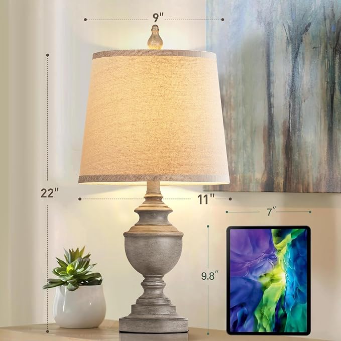 Retro Table Lamps Set of 2, Bedside Lamp for Bedroom Rustic Farmhouse Table Lamps for Living Room, 22" Vintage Nightstand Lamps with White Shades, Antique Grey