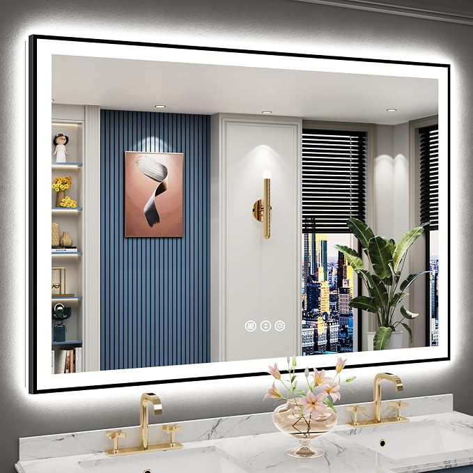 55x40 Black LED Bathroom Mirror, Backlit & Front Lit Lighted Mirror | Metal Framed Anti-Fog Vanity Mirror with Lights, 3 Color Dimmable, Memory, HD Tempered Glass, CRI95, UL Listed, Wall Mounted