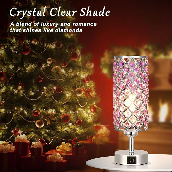 Hong-in Purple Lamp for Girls Room-Crystal Touch Lamp with USB-C+A Ports,3 Way Dimmable Bedside Light with Crystal Shade for Bedroom Home Office