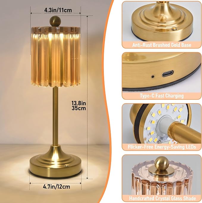 Small Vintage Cordless Table Lamp (Amber-01, 2 Pack) | 3-Color Dimmable Touch Control Small Desk Lamp for Bedroom,Office,Kitchen,Nightstand,Living Room,Home Decor