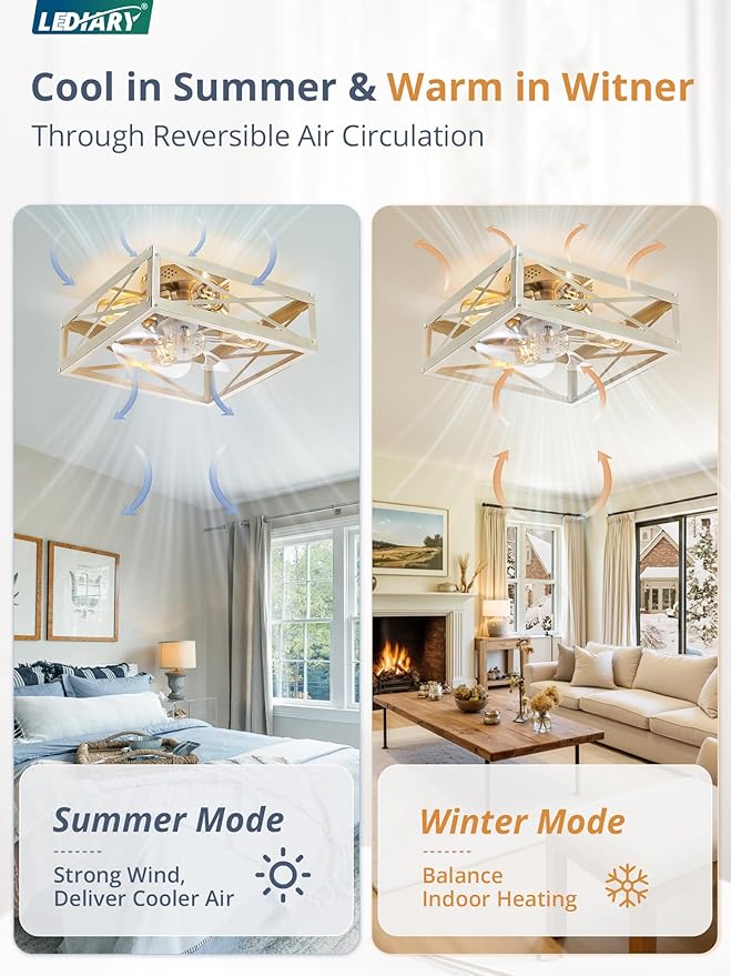 LEDIARY Caged Low Profile Ceiling Fans with Lights and Remote, Brushed Nickel Square Flush Mount Ceiling Fan, 6 Speed and Reversible, Small Modern Farmhouse Bladeless Ceiling Fan for Bedroom, Kitchen