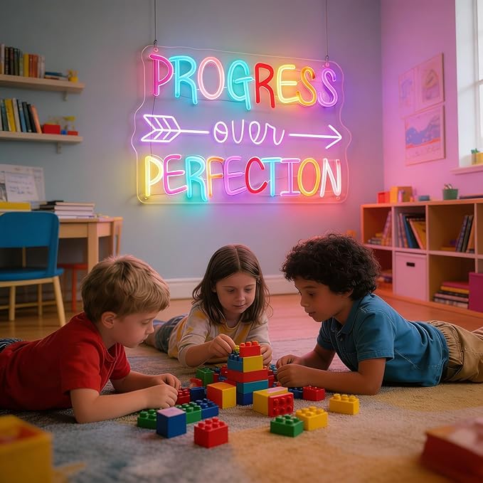 Progress Over Perfection Neon Sign, LED Neon Light Signs for Wall Decor Dimmable Inspirational LED Light Up Sign for Classroom Office Bedroom Library Study Room Kids Room Decorations