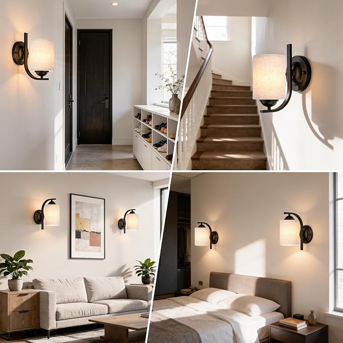 Wall Sconces Lights Lamp for Bedroom Bathroom, Modern Vanity Light Fixtures, Matte Black Farmhouse Wall Mount Lighting Lanterns with Fabric Shade for Living Room Mirror Hallway Kitchen