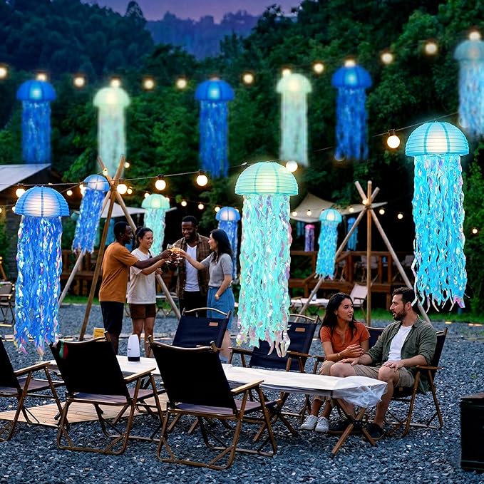 ADLKGG 10" Jellyfish Paper Lanterns Lamps - Gradient Blue Under the Sea Party Decorations for Mermaid Theme Birthday, Beach Baby Shower, Pre-Assembled Classroom & Ocean Decor, 6 PCS