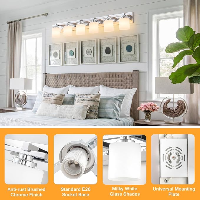 Modern Bathroom Light Fixtures Over Mirror, Vanity Lights for Bathroom Wall Sconces with Milky White Glass Shades, E26 Socket (Bulbs Not Included), 6 Light, Chrome