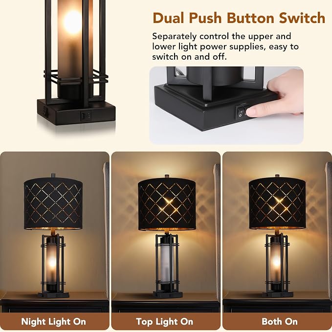 WIHTU 27'' Modern Table Lamp Set of 2 with Nightlight, Metal Bedside Lamps | Black Grid Shade, Square Base, 2 LED Bulbs Included, E26 Base, with USB Port, Rocker Switch, Nightstand Lamps for Bedroom