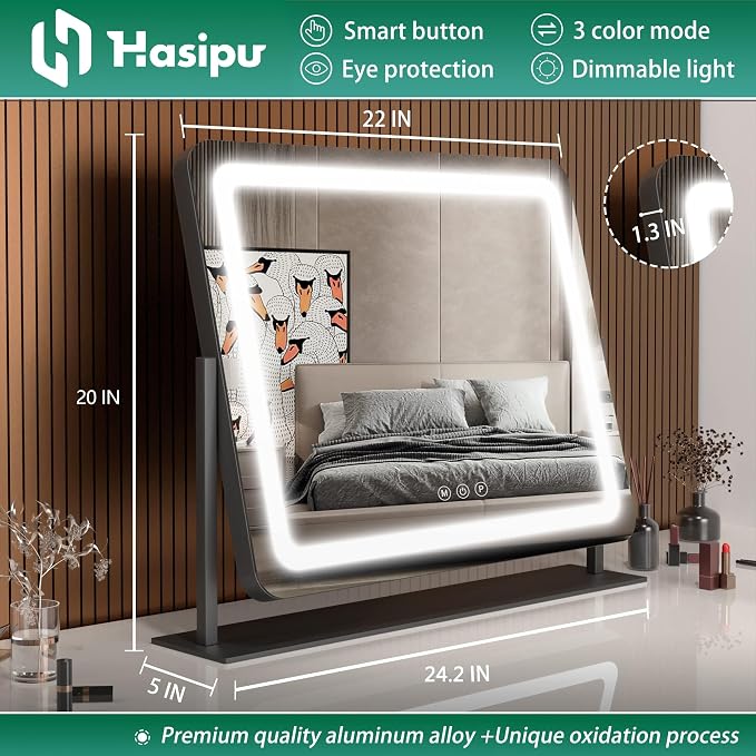 Hasipu Vanity Mirror with Lights, 24.2" x 20" LED Make up Mirror, Light up Mirror with 10X Magnification, Smart Touch 3 Colors Dimmable, Brightness Adjustment, 360° Rotation (Black)