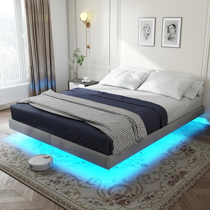 RVONOW Floating Bed Frame Queen with LED Lights, Under Bed Storage, Grey | Metal Platform Queen size Floating Bed Frame, Heavy Duty Steel Slats Support, No Box Spring Needed, Noise Free, Easy Assembly